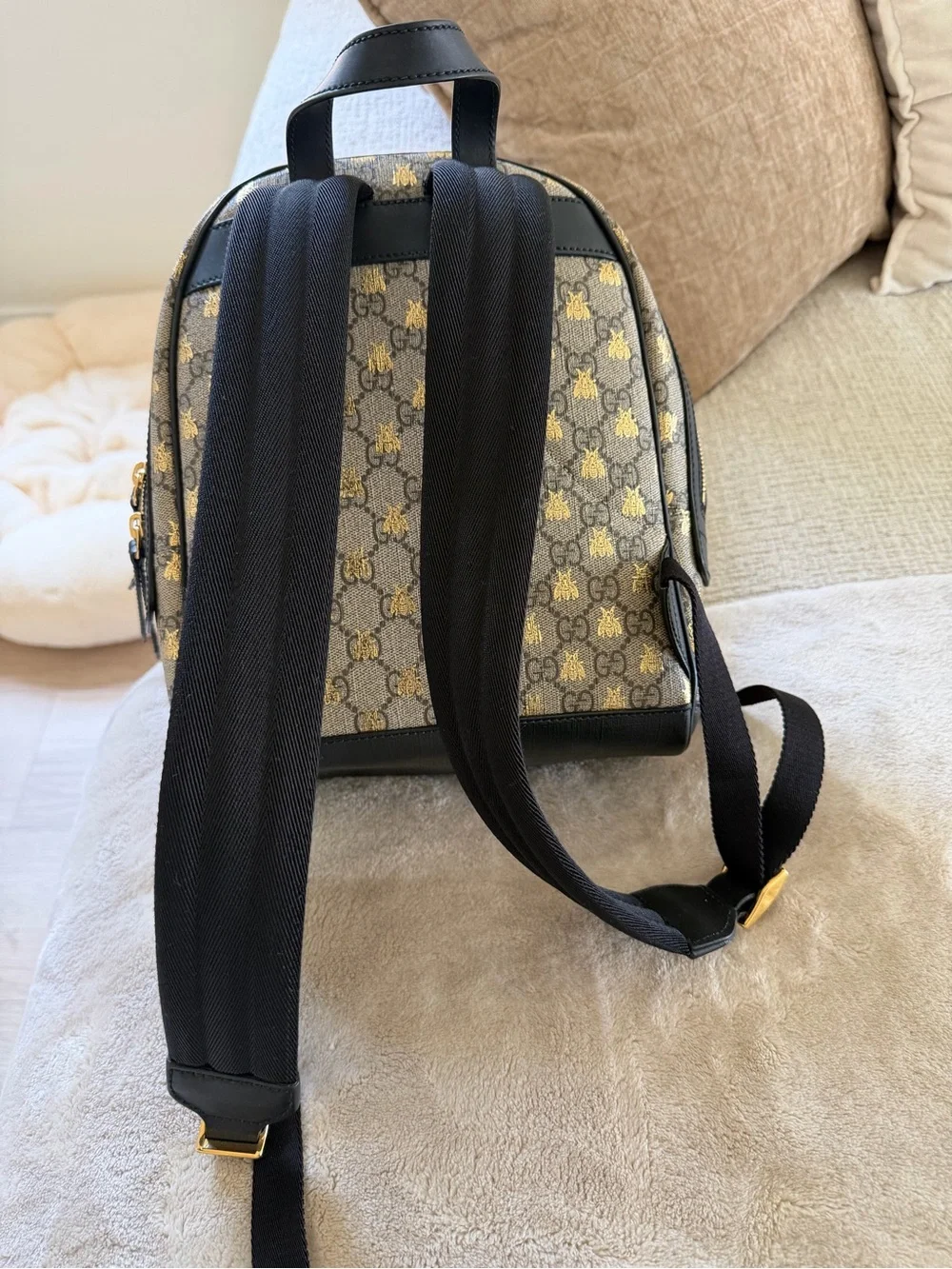 Gucci Bee GG Canvas Backpack in Brown and Gold